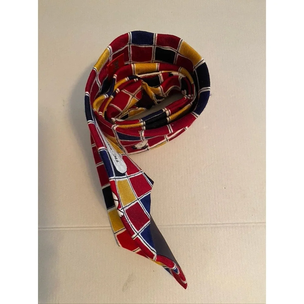 Vintage Peanuts Joe Cool Snoopy Silk Tie Mens Red Blue Yellow Grid Made in USA